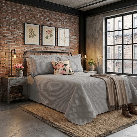 Maison Charlo Soft Florence Reversible Full/Double Bedspread Set – Gray – 5 Pieces