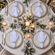 Maison Charlo Set of 4 White Basic Cloth Napkins 16 × 16 in with Silver Stretchable Napkin Rings