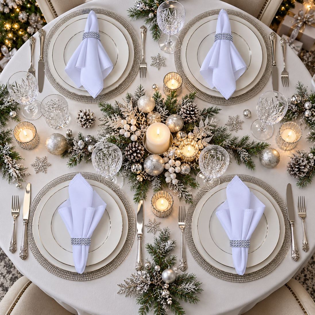 Maison Charlo Set of 4 White Basic Cloth Napkins 16 × 16 in with Silver Stretchable Napkin Rings