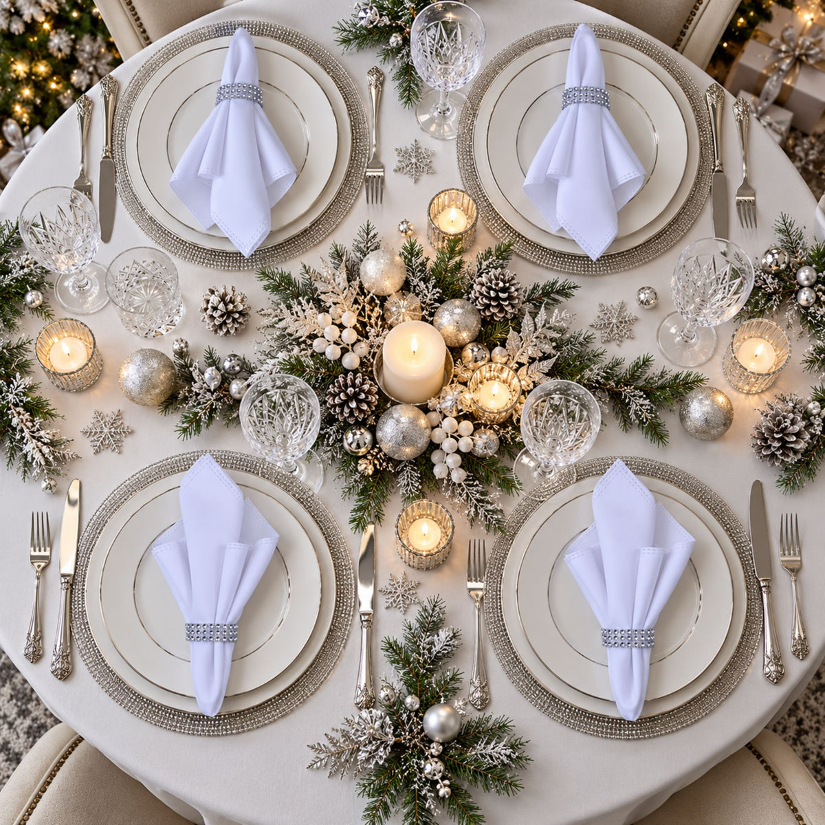 Maison Charlo Set of 4 White Basic Cloth Napkins 16 × 16 in with Silver Stretchable Napkin Rings