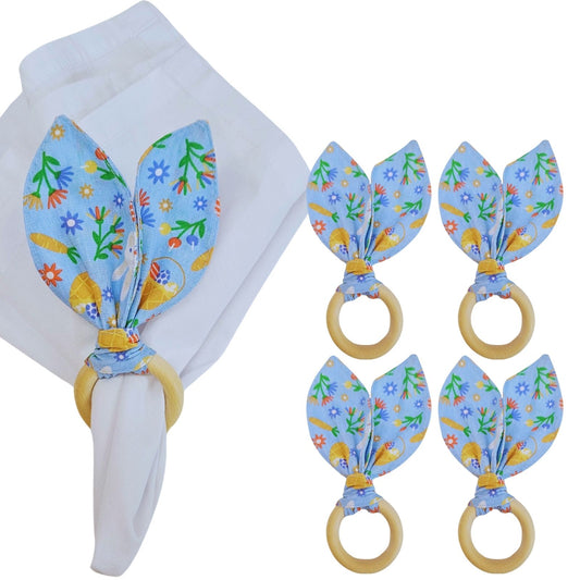 Maison Charlo | Easter Set of 4 Fun Blue Bunny Ears Napkin Rings | Dining Table Decor