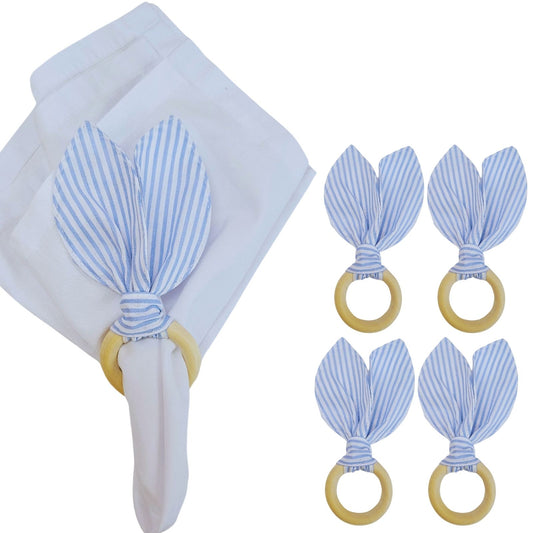 Maison Charlo | Easter Set of 4 Blue Striped Bunny Ears Napkin Rings | Dining Table Decor