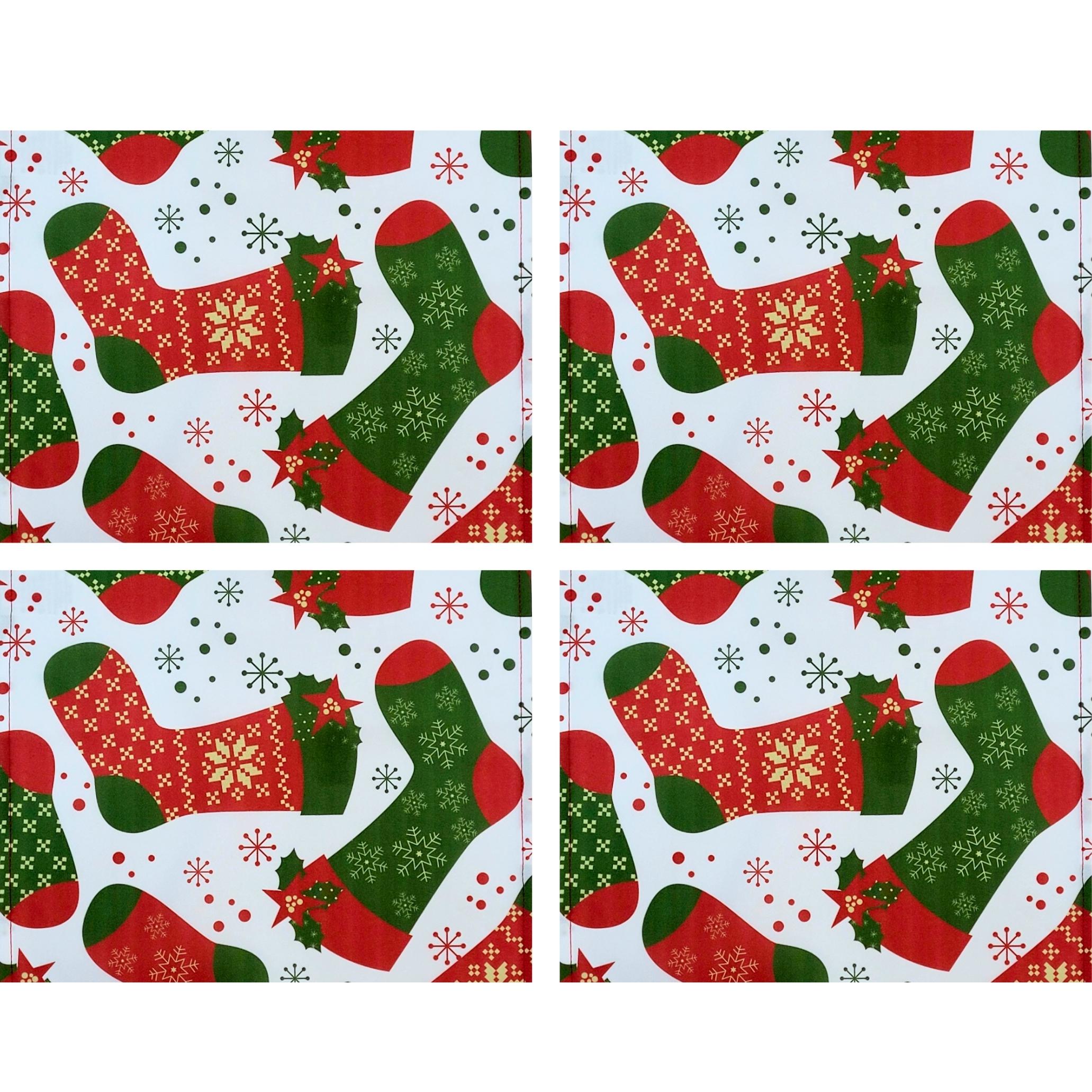 Conjunto de 4 Jogos Americanos de Tecido Impermeável com Meia de Papai Noel de Natal 43cm x 33cm - Vermelho