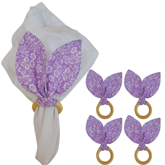 Maison Charlo | Easter Set of 4 Floral Lilac White Bunny Ears Napkin Rings | Dining Table Decor