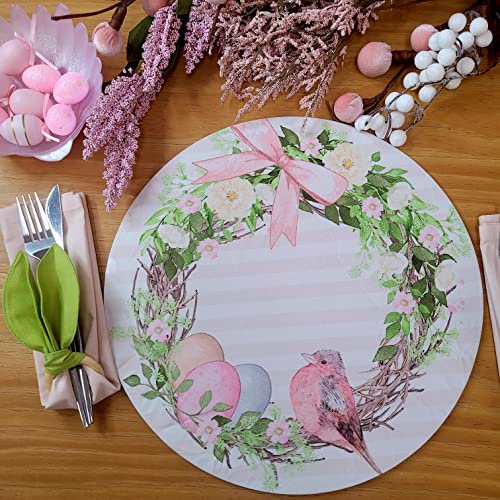 Conjunto de 4 capas de Páscoa listradas de pássaro e rosa para jogos americanos redondos de 35,5 cm de diâmetro, poliéster, para mesa de cozinha, mesa de jantar lavável