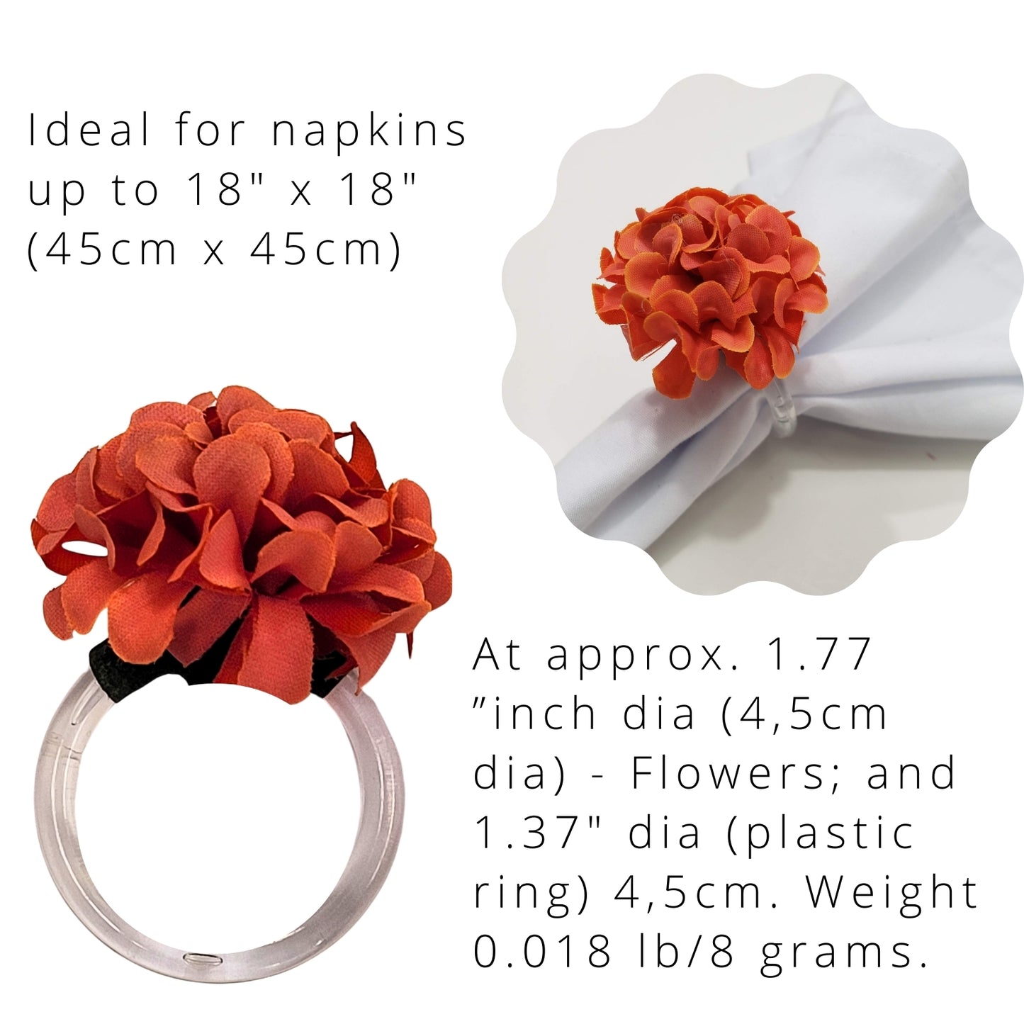 Charlo's Set of 4 Orange Flower Chrysanthemum Charm Napkin Rings for dining table decor