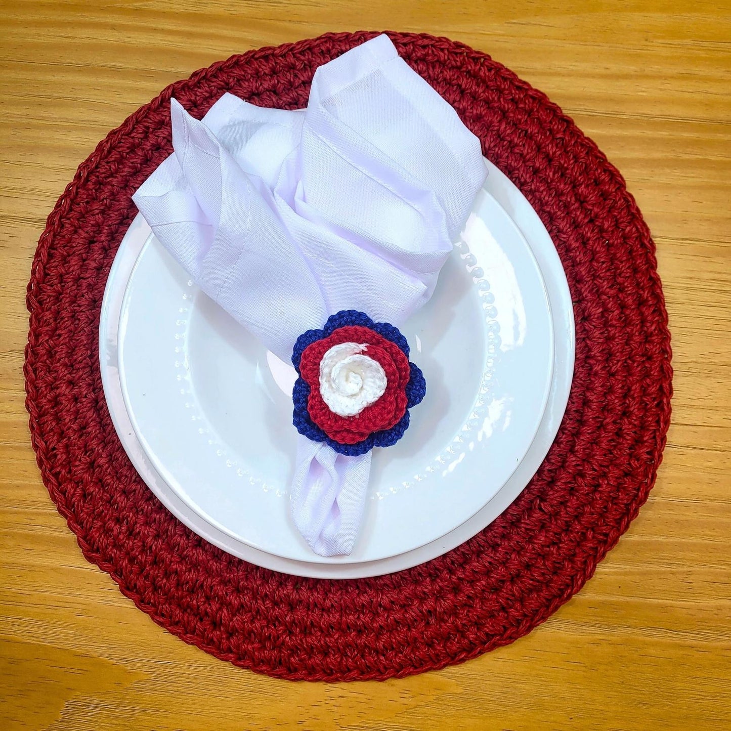 Charlo's Set of 6 USA Patriot Crochet Rosebud Napkin Rings for Independence Day, 4th of July, Memorial Day