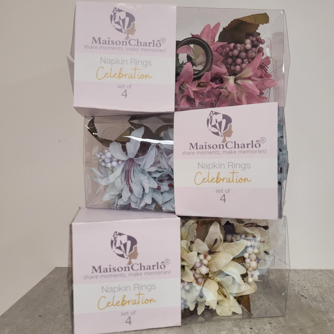 Maison Charlo Conjunto de 4 Anéis de Guardanapo de Flores Lírios Rosa Celebração