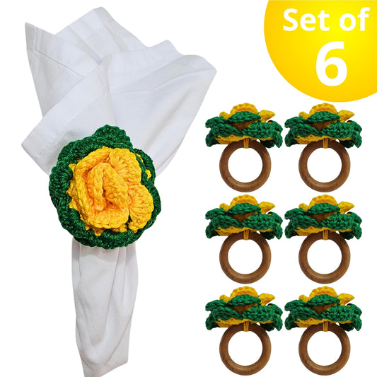 Charlo's Set of 6 Green and Yellow Crochet Rosebud Flower Napkin Rings for Dinner Table Decor, Handmade, Table setting