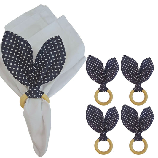 Maison Charlo | Easter Set of 4 Navy Polka Dot Bunny Ears Napkin Rings | Dining Table Decor
