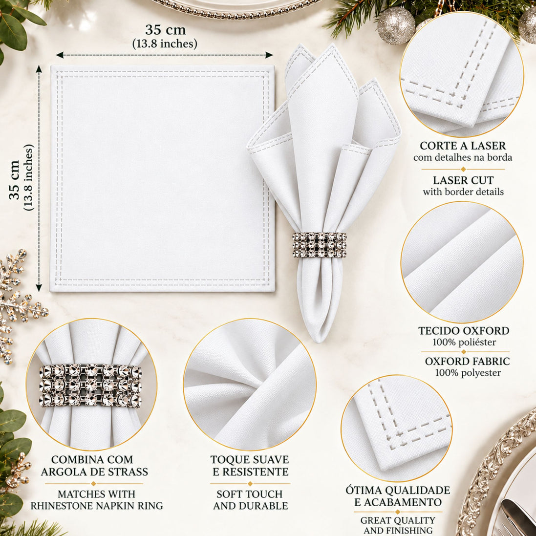 Maison Charlo Set of 4 White Basic Cloth Napkins 16 × 16 in with Silver Stretchable Napkin Rings