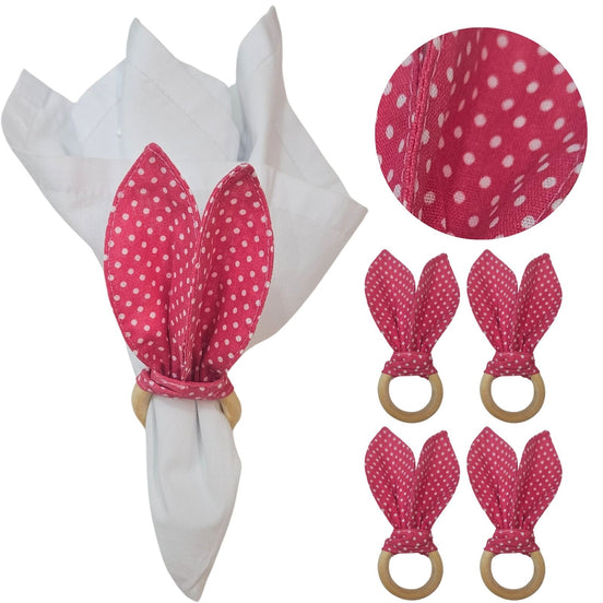 Maison Charlo | Anéis de Guardanapo de Orelhas de Coelhinho Rosa de Bolinhas - Kit com 4 Unidades | Decoração de Mesa de Jantar