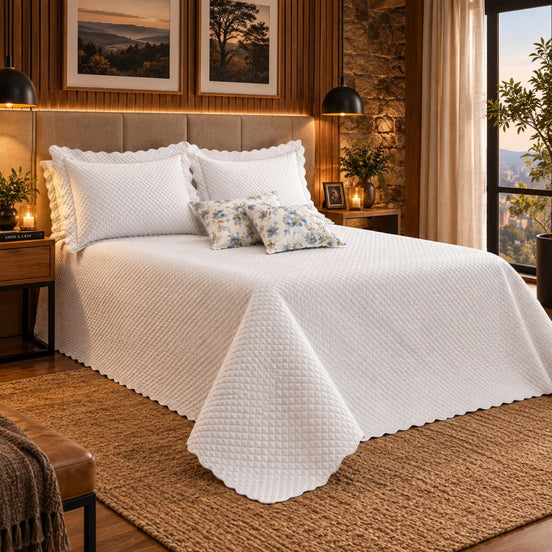Maison Charlo Soft Florence Reversible Full/Double Bedspread Set – White – 5 Pieces