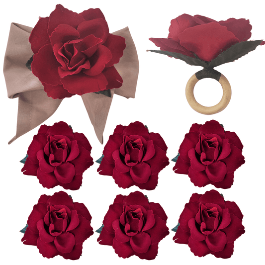 Maison Charlo Set of 6 Red Colombiana Rose Flower Rosebud Napkin Rings for dining table decor
