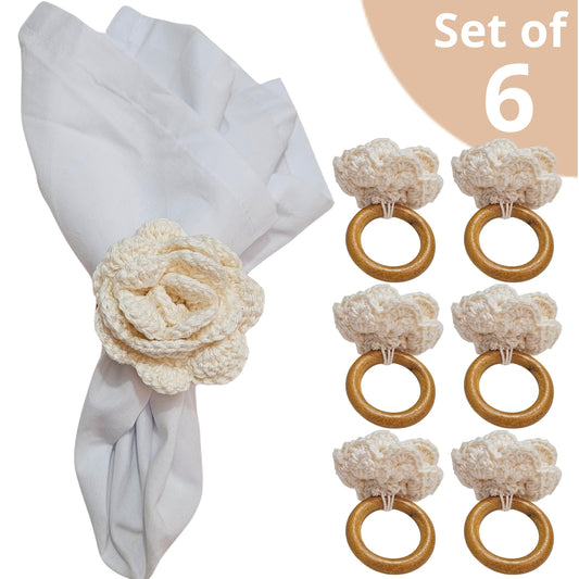 Charlo's Set of 6 Off White Crochet Rosebud Flower Napkin Rings for Dinner Table Decor, Handmade, Table setting