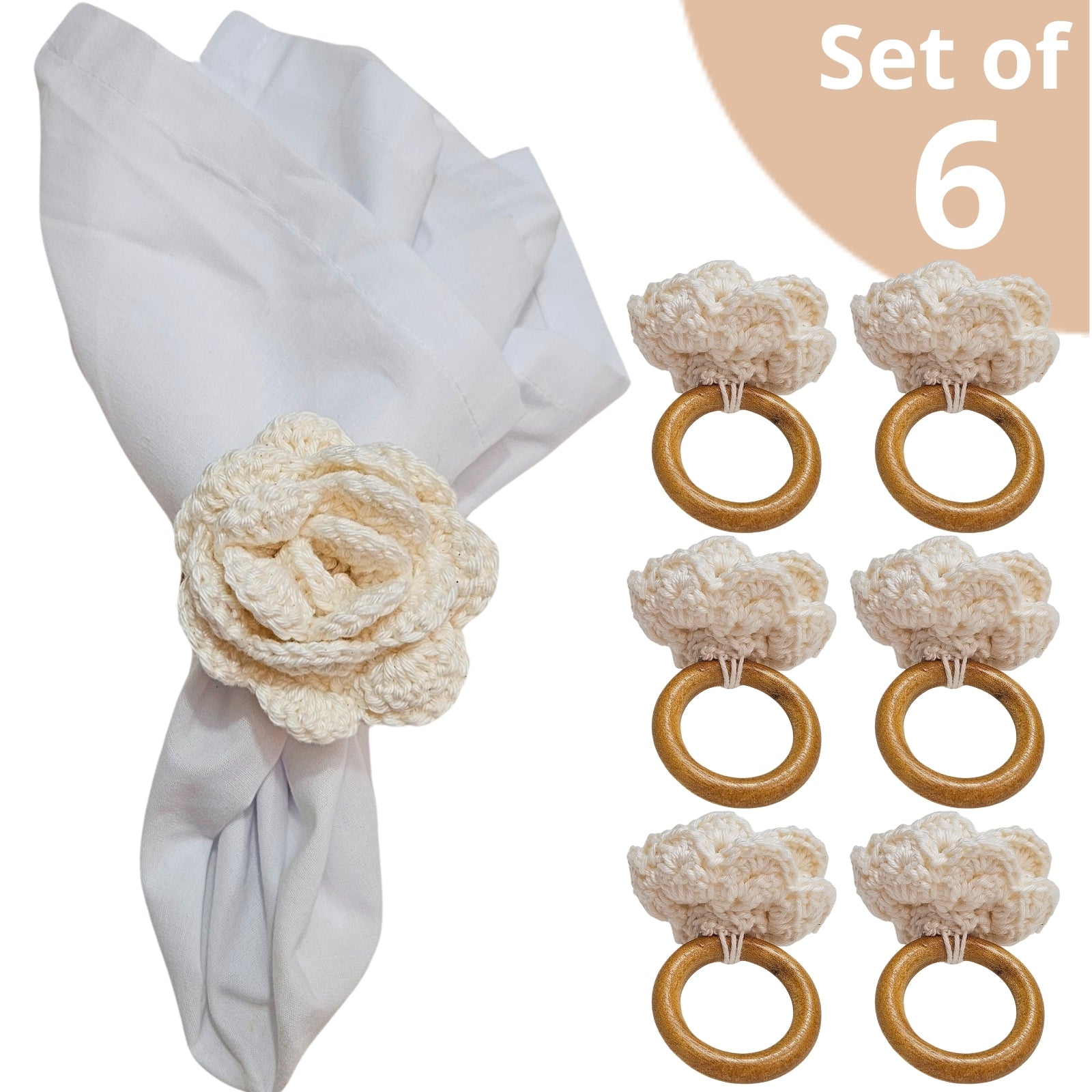 Charlo's Set of 6 Off White Crochet Rosebud Flower Napkin Rings for Dinner Table Decor, Handmade, Table setting