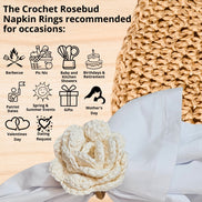 Charlo's Set of 6 Off White Crochet Rosebud Flower Napkin Rings for Dinner Table Decor, Handmade, Table setting