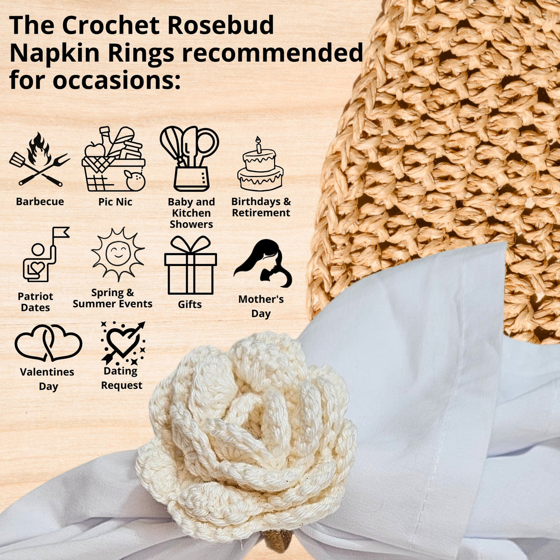 Charlo's Set of 6 Off White Crochet Rosebud Flower Napkin Rings for Dinner Table Decor, Handmade, Table setting