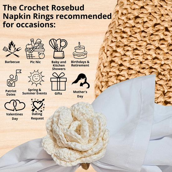 Charlo's Set of 6 Off White Crochet Rosebud Flower Napkin Rings for Dinner Table Decor, Handmade, Table setting