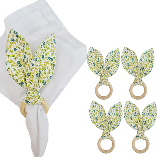 Maison Charlo | Easter Set of 4 Floral Lemon  Bunny Ears Napkin Rings | Dining Table Decor