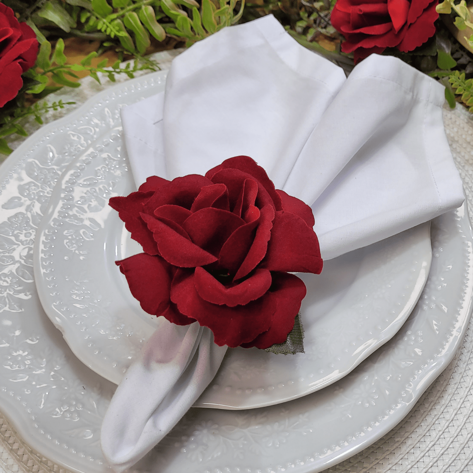 Maison Charlo Set of Red Colombiana Rose Flower Rosebud Napkin