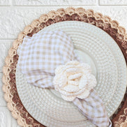 Charlo's Set of 6 Off White Crochet Rosebud Flower Napkin Rings for Dinner Table Decor, Handmade, Table setting