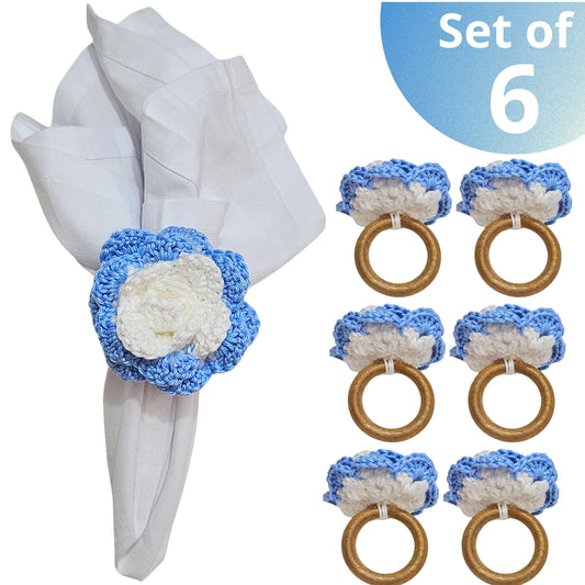 Charlo's Set of 6 Blue White Crochet Rosebud Flower Napkin Rings for Dinner Table Decor, Handmade, Table setting