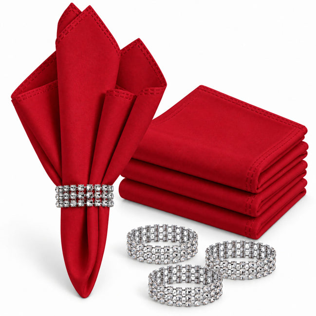 Maison Charlo Set of 4 Red Basic Cloth Napkins 16 × 16 in with Silver Stretchable Napkin Rings