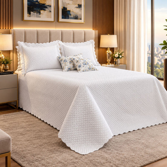 Maison Charlo Soft Florence Reversible Full/Double Bedspread Set – White – 5 Pieces