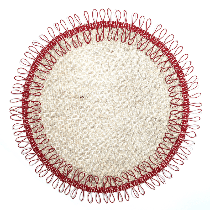 Charlo's Set of 2 Red Beige Sustainable Brazilian Jute Liz Round Placemats Sousplat 16