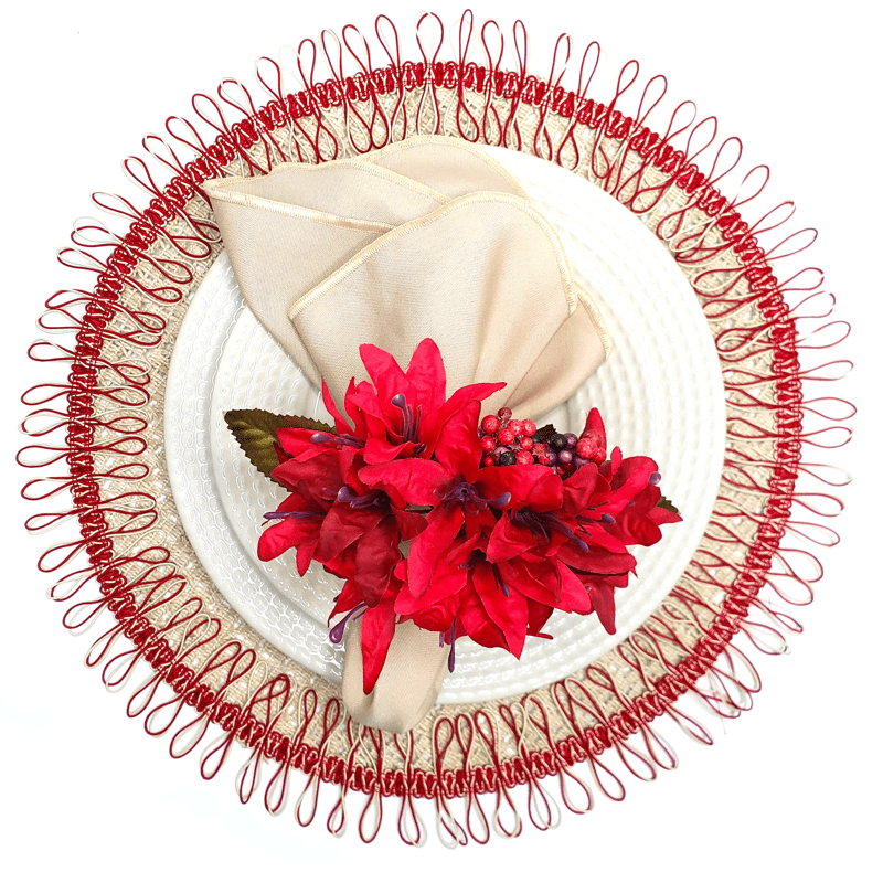 Charlo's Set of 2 Red Beige Sustainable Brazilian Jute Liz Round Placemats Sousplat 16