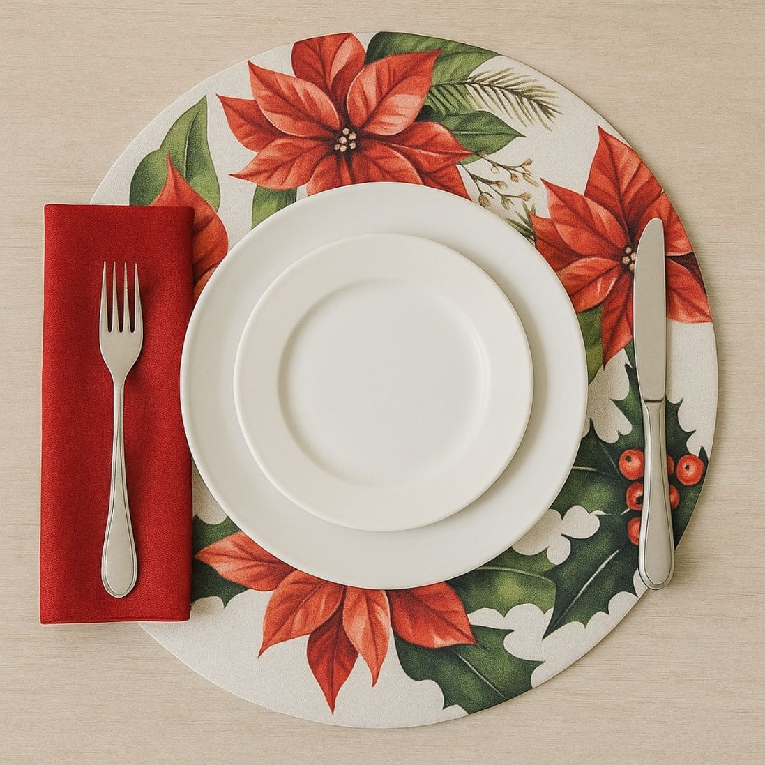 Set of 4 Round Placemats Covers Red Christmas Flower 14" Dia Synthetic | Red