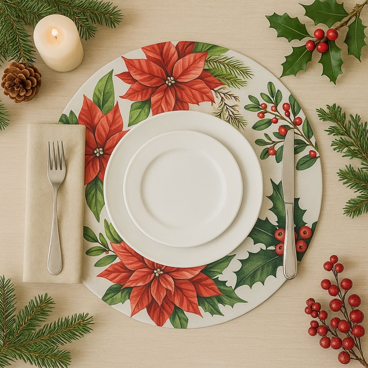 Set of 4 Round Placemats Covers Red Christmas Flower 14
