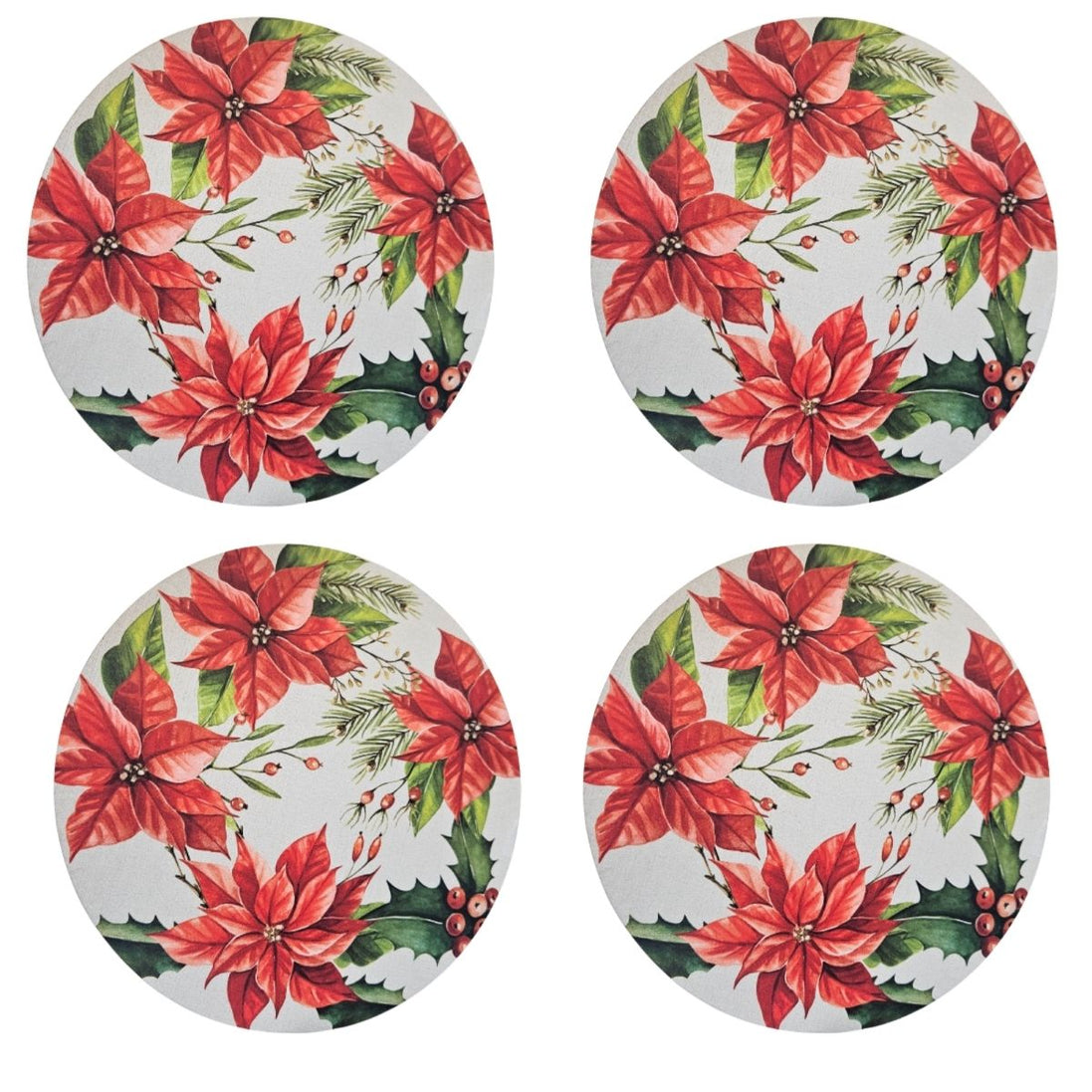 Set of 4 Round Placemats Covers Red Christmas Flower 14" Dia Synthetic | Red