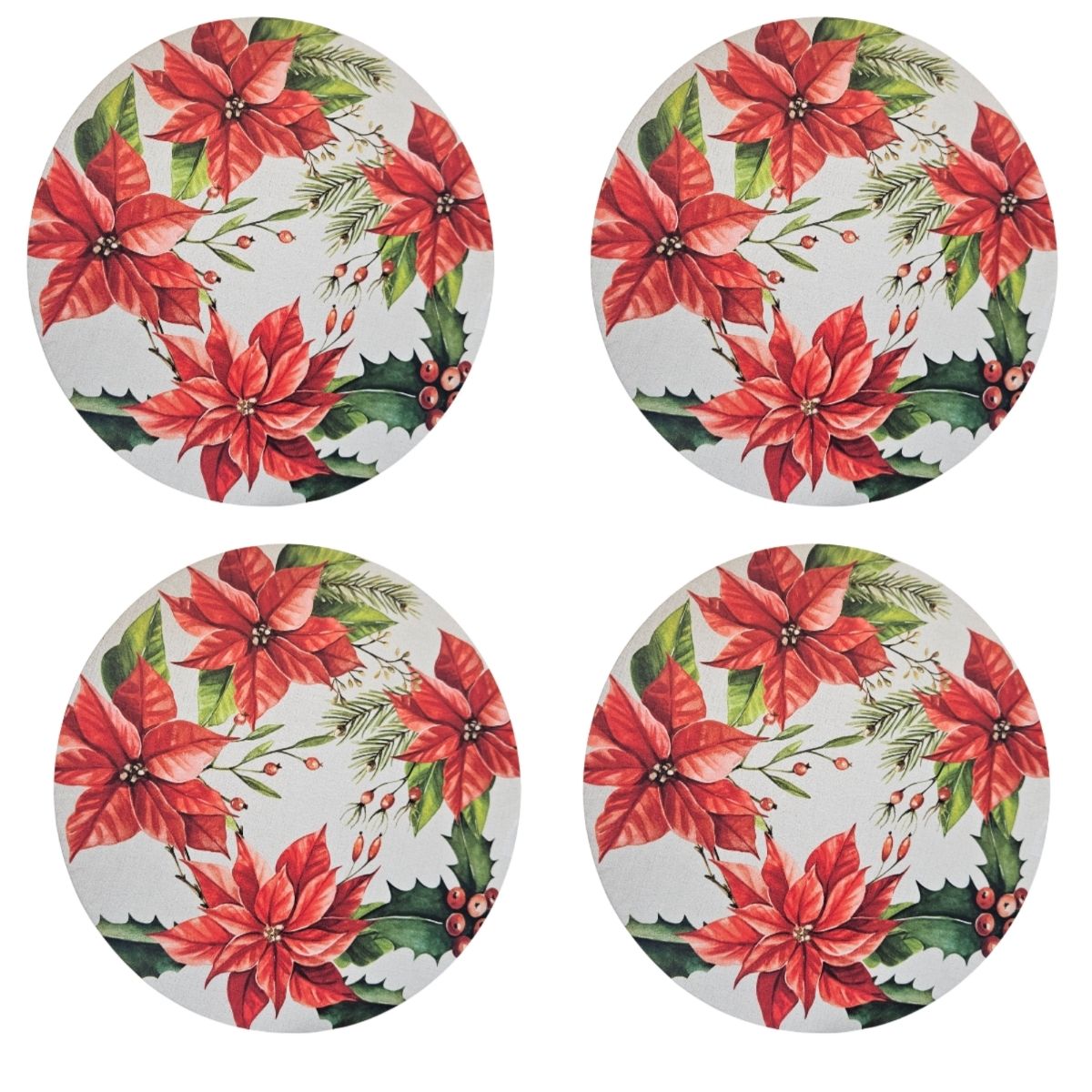 Set of 4 Round Placemats Covers Red Christmas Flower 14