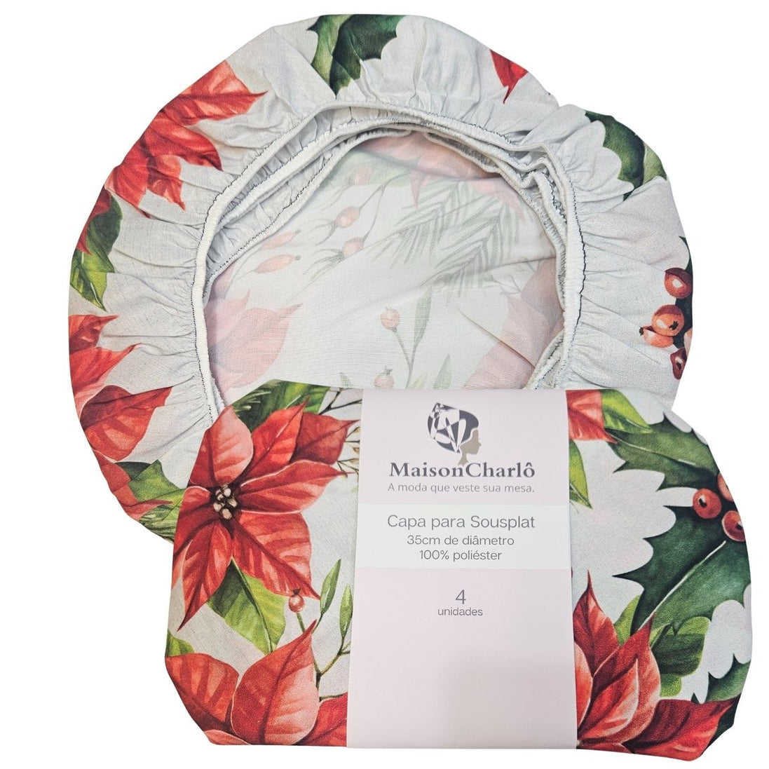 Set of 4 Round Placemats Covers Red Christmas Flower 14" Dia Synthetic | Red