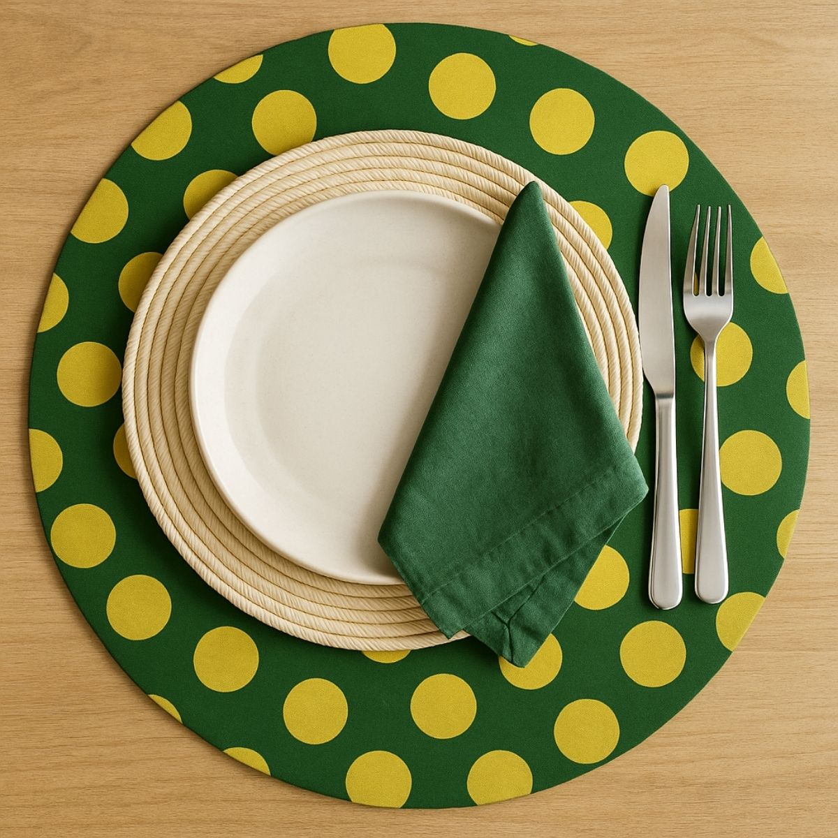 Set of 4 Cotton Placemat Covers with Large Green and Gold Polka Dots 14