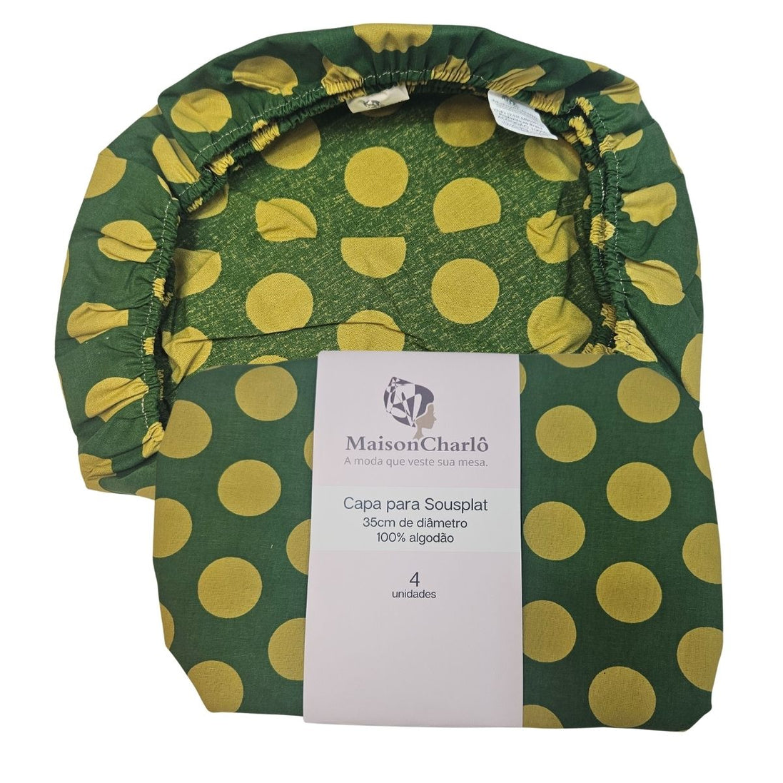Set of 4 Cotton Placemat Covers with Large Green and Gold Polka Dots 14" Dia