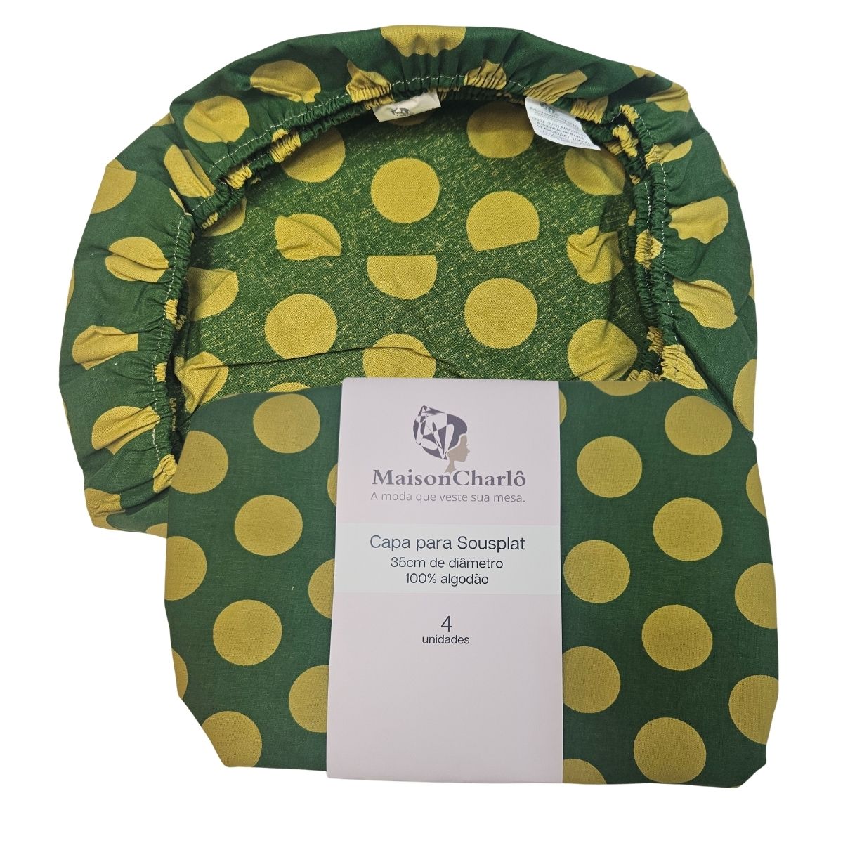 Set of 4 Cotton Placemat Covers with Large Green and Gold Polka Dots 14