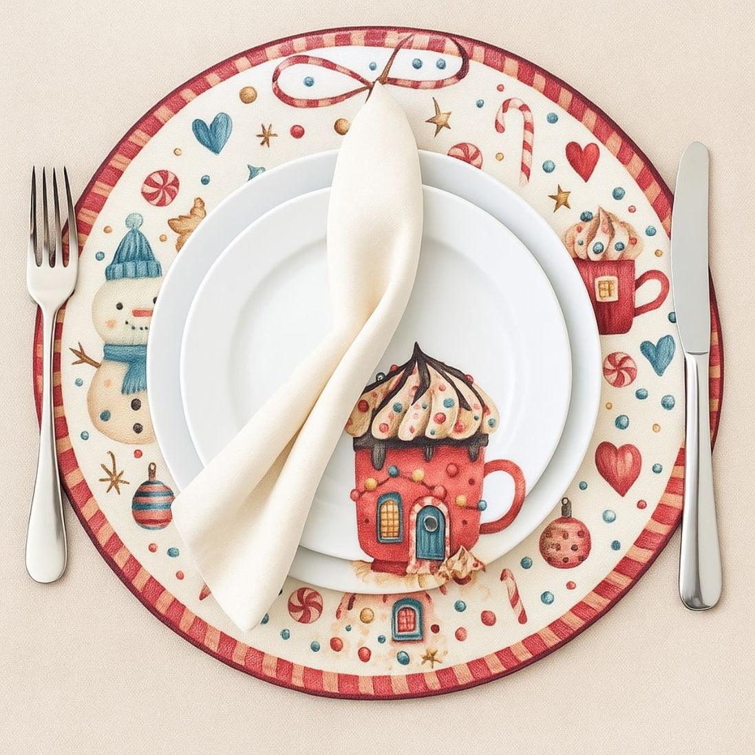 Set of 4 Round Placemats Covers Christmas Candy Cloth 14" Dia Cloth 14" Synthetic - White