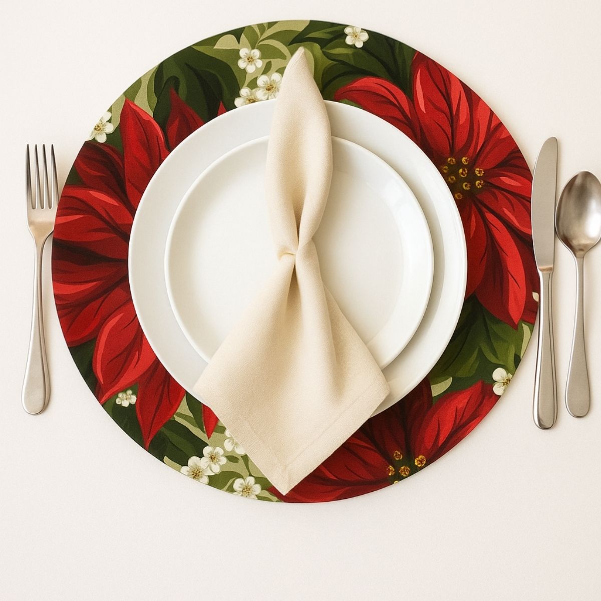 Set of 4 Round Placemats Covers Christmas Big Red Flower Cloth 14