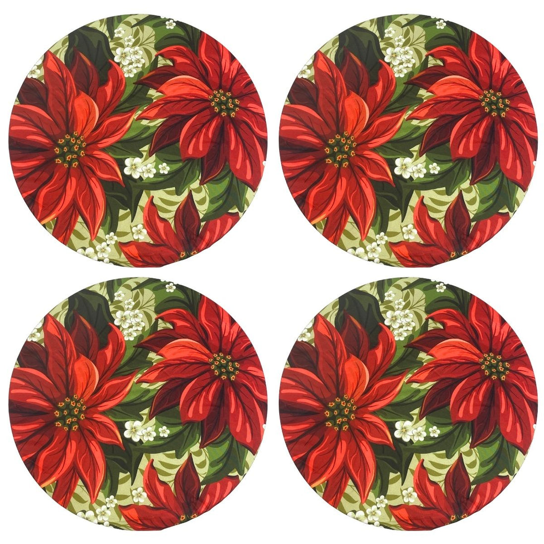 Set of 4 Round Placemats Covers Christmas Big Red Flower Cloth 14" Dia - Green