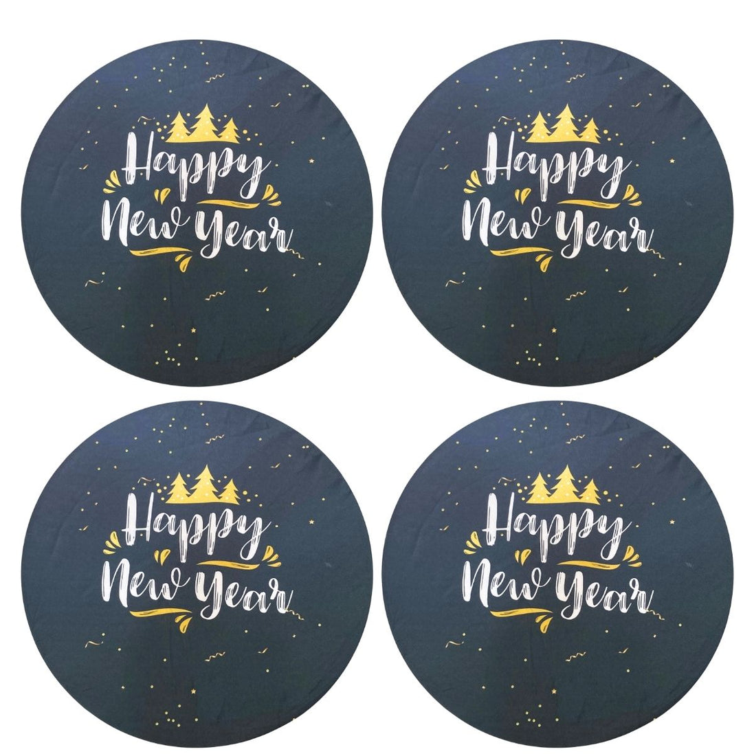 Set of 4 Round Placemats Covers Christmas Happy New Year Cloth 14" Dia  | Black
