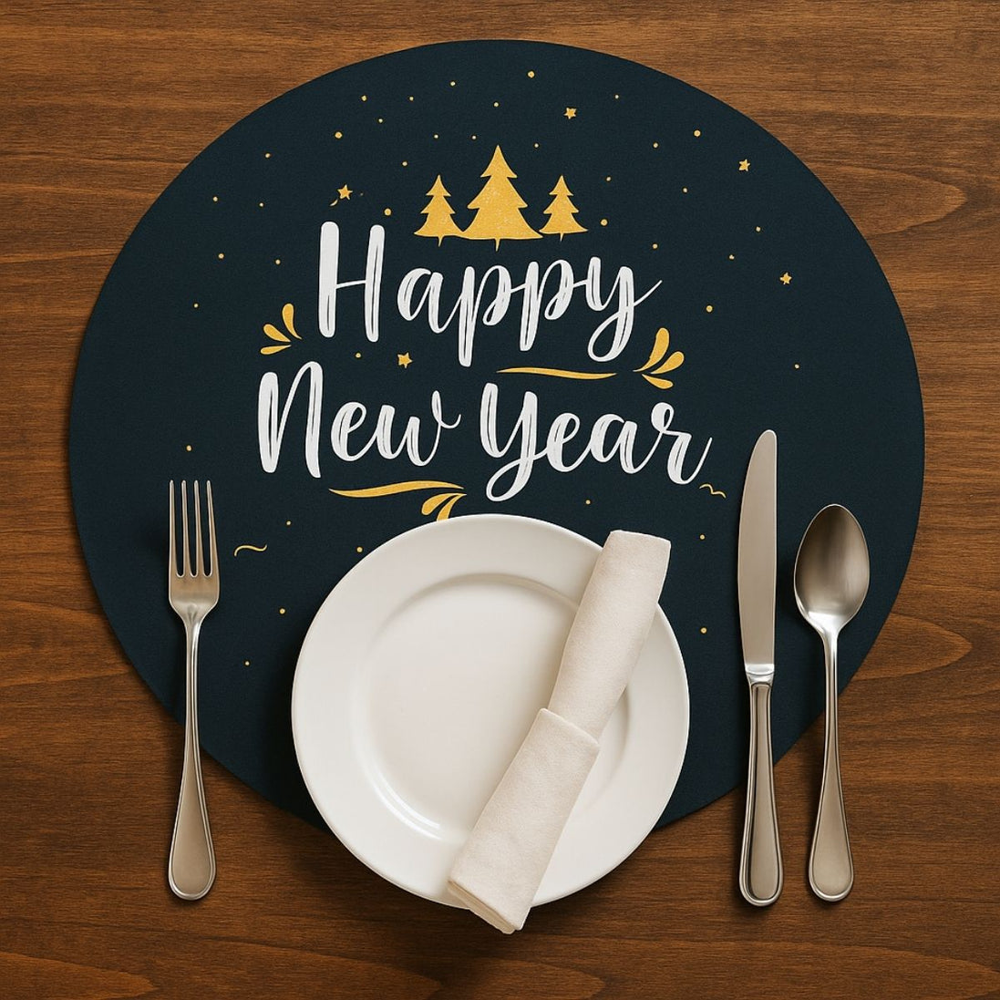 Set of 4 Round Placemats Covers Christmas Happy New Year Cloth 14" Dia  | Black