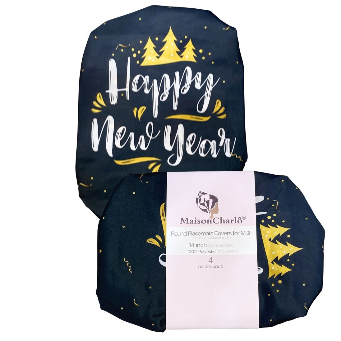 Set of 4 Round Placemats Covers Christmas Happy New Year Cloth 14" Dia  | Black