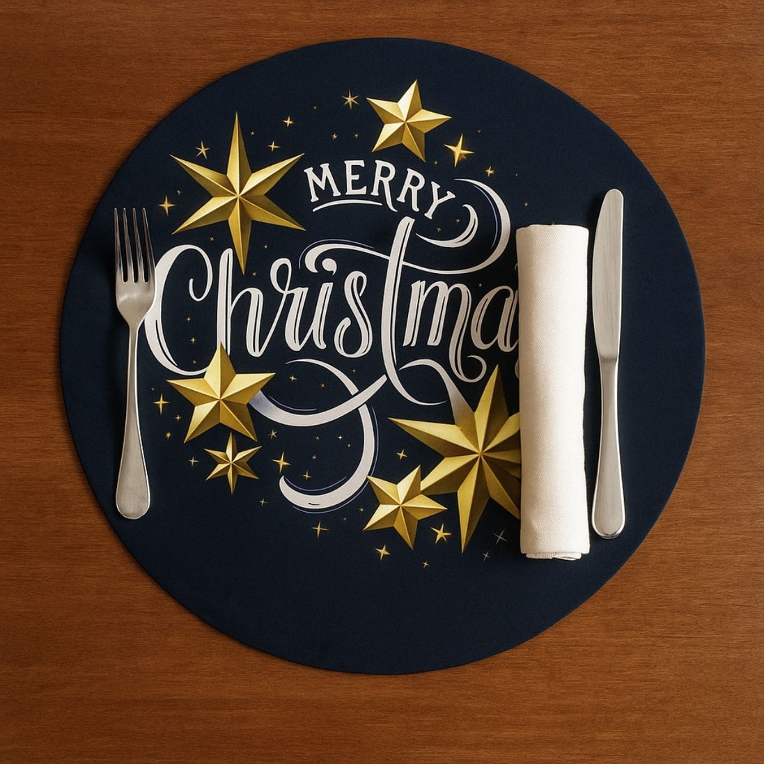 Conjunto de 4 capas redondas para jogos americanos, tecido Feliz Natal, 35,5 cm diâmetro