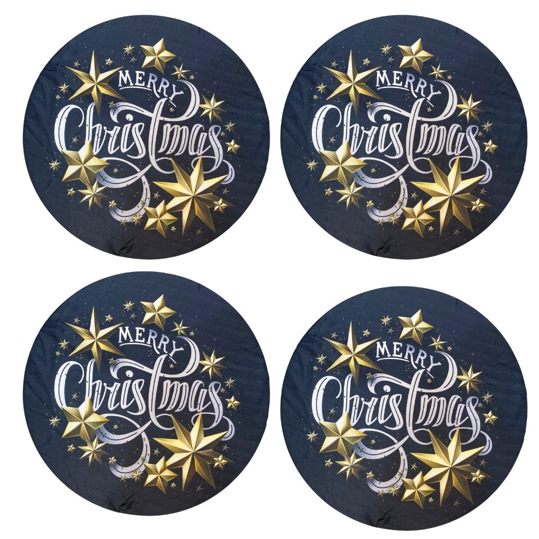 Conjunto de 4 capas redondas para jogos americanos, tecido Feliz Natal, 35,5 cm diâmetro