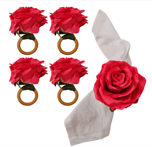 Charlo's Set of 4 Pink Colombiana Rose Flower Rosebud Napkin Rings for birthday, wedding, mother's day, thanksgiving, events