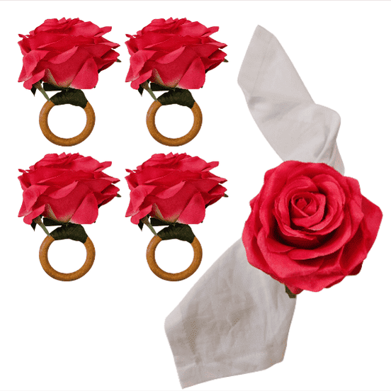 Charlo's Set of 4 Pink Colombiana Rose Flower Rosebud Napkin Rings for birthday, wedding, mother's day, thanksgiving, events