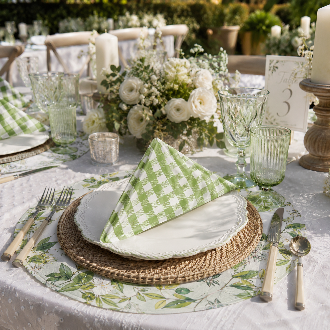 Set of 12 Synthetic Cloths Napkins Farmhouse Green Check 13.8 x 13.8 in